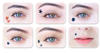 Eyes with beauty spot makeup (hearts, stars, moons, dots)